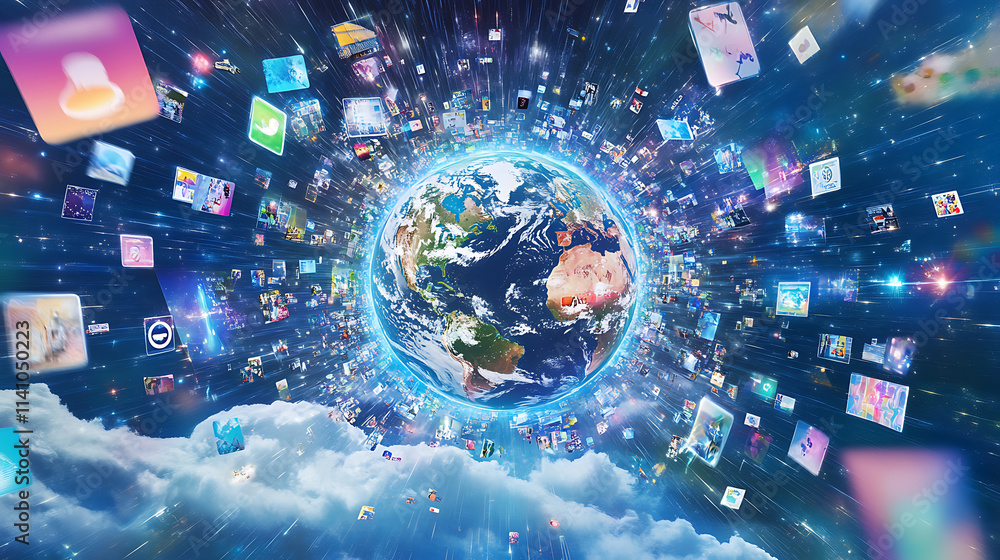 Aufkleber A blue background with a digital globe and global network connections on the right side, representing an international technology business