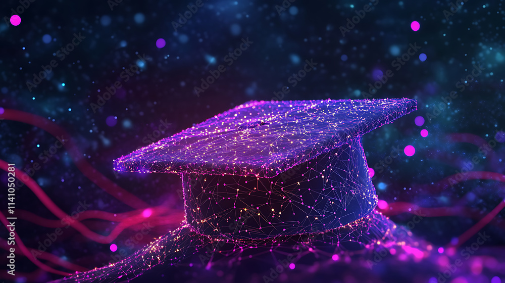 Poster digital illustration of a graduation cap made from glowing data connections, representing the impact
