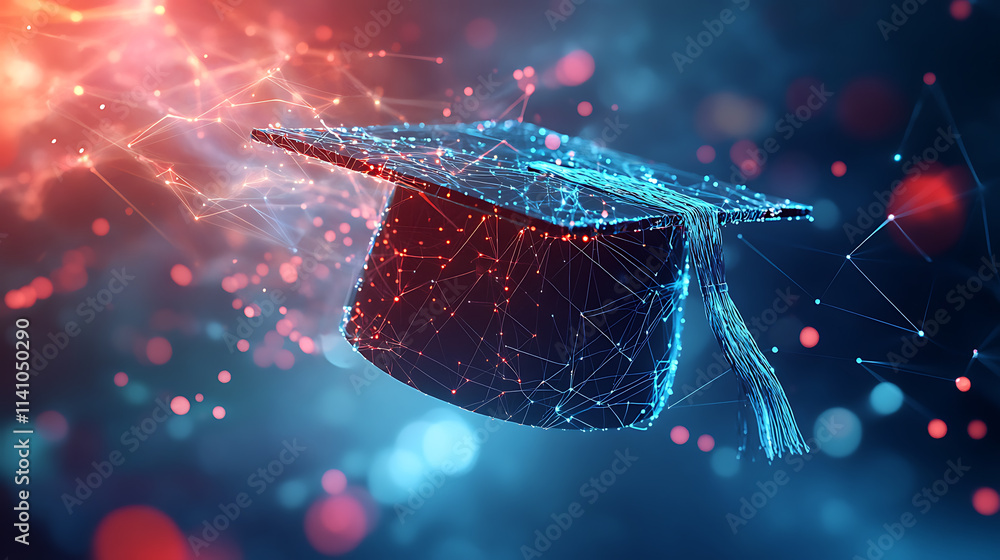Poster Digital illustration of a graduation cap made from glowing data connections, representing the impact and connection between education technology products