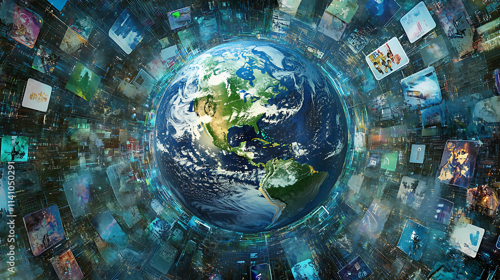 Aufkleber A blue background with a digital globe and global network connections on the right side, representing an international technology business