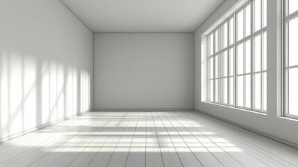 Obraz premium Empty bright room with large window and sunlight streaming through.