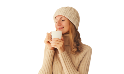 Winter portrait of happy satisfied young woman enjoying cup of hot tasty coffee drink in the morning