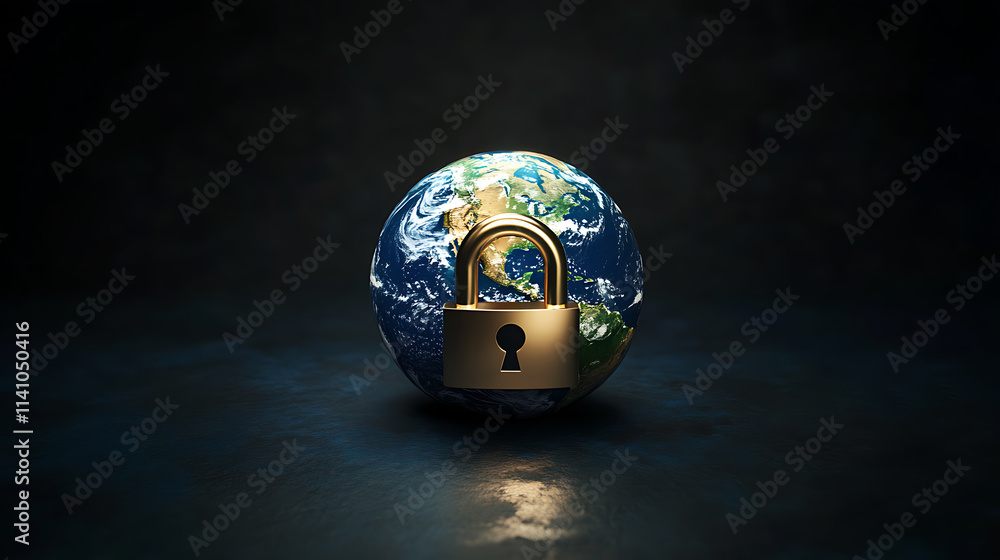 Poster digital representation of the globe with a padlock, depicting a cybersecurity concept on a dark back