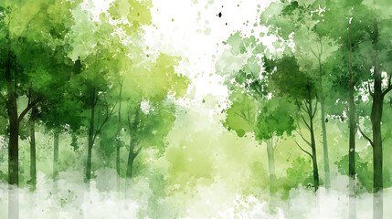 Obraz premium Digital watercolor forest painting: green trees, white background, nature wallpaper