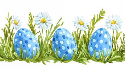 Bright blue easter eggs in grass in  the style of realistic paintings.