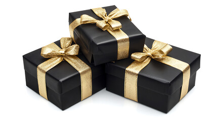 Fototapeta premium Black gift boxes with gold ribbon are sitting on white background creating festive atmosphere