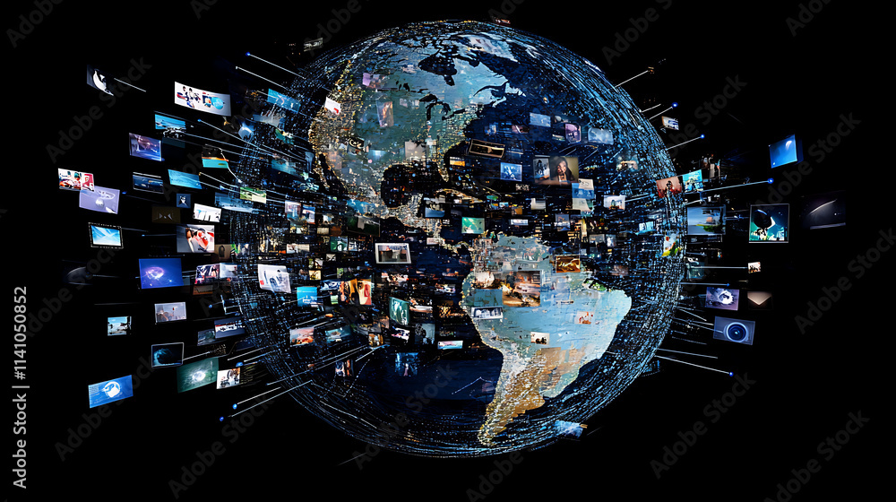 Poster Abstract digital globe with global network connections and images of social media and video streaming on the earth, representing online communication in technology concept