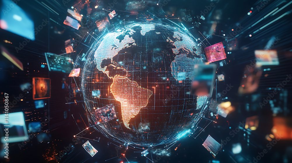 Leinwandbilder Abstract digital globe with global network connections and images of social media and video streaming on the earth, representing online communication in technology concept