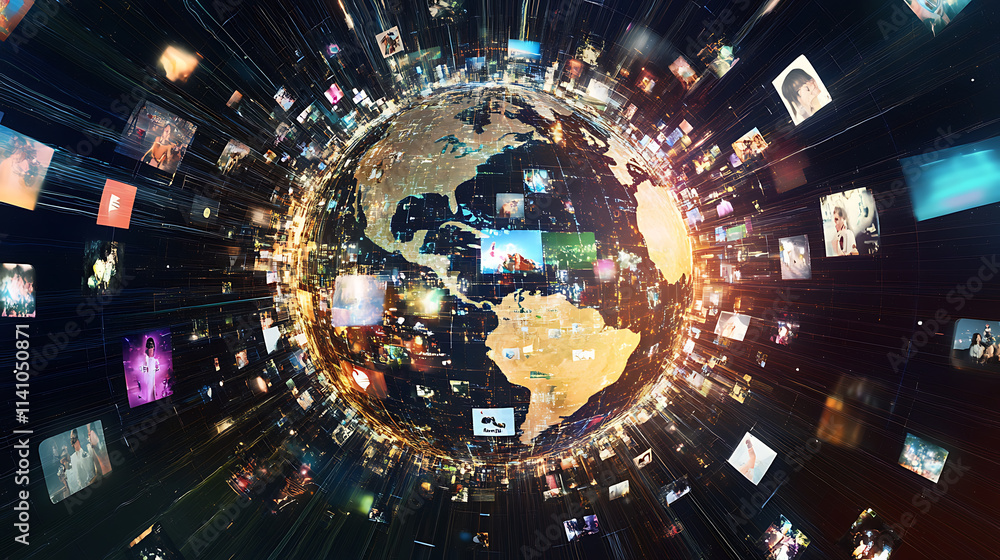 Poster Abstract digital globe with global network connections and images of social media and video streaming on the earth, representing online communication in technology concept