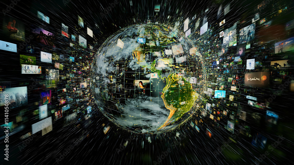 Poster Abstract digital globe with global network connections and images of social media and video streaming on the earth, representing online communication in technology concept