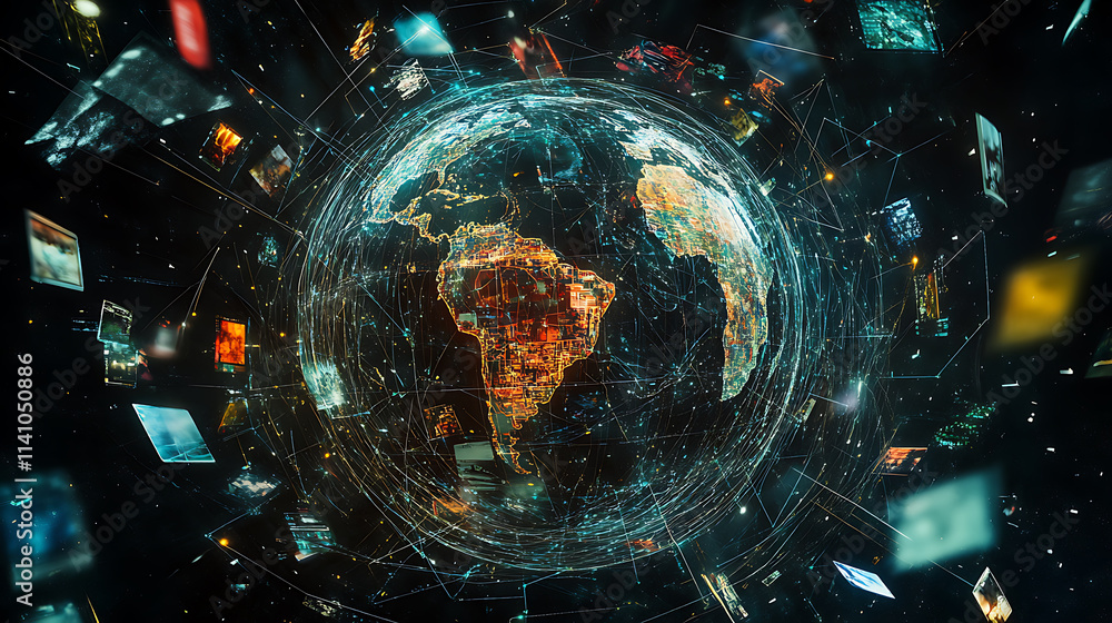 Leinwandbilder abstract digital globe with global network connections and images of social media and video streamin