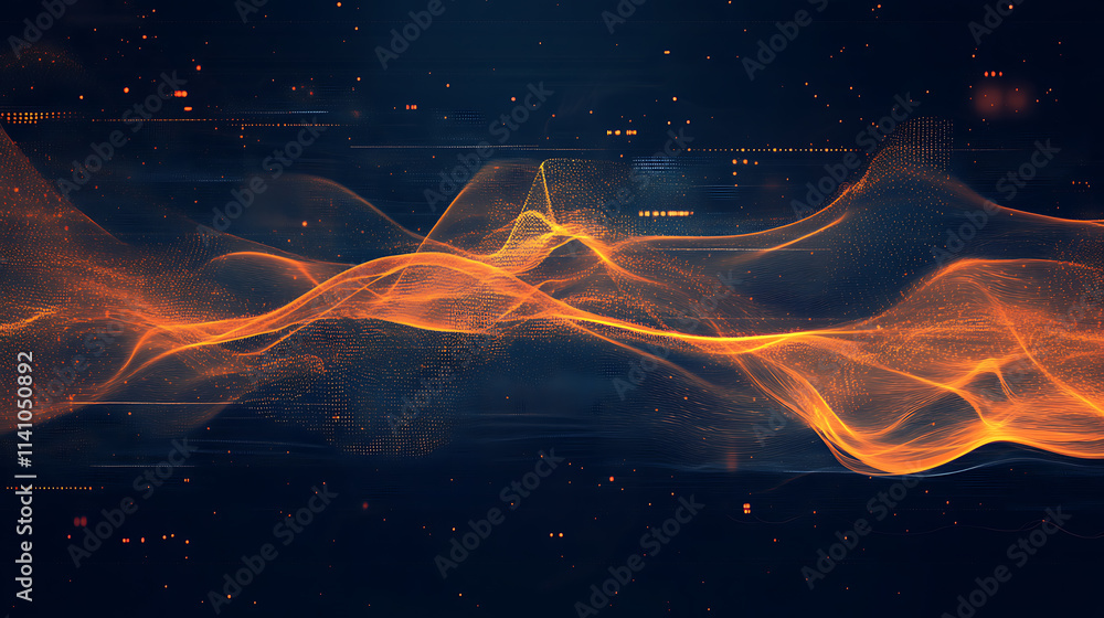 Poster Abstract digital interface with dynamic lines and graphs, on a dark blue and orange background, concept of data analysis
