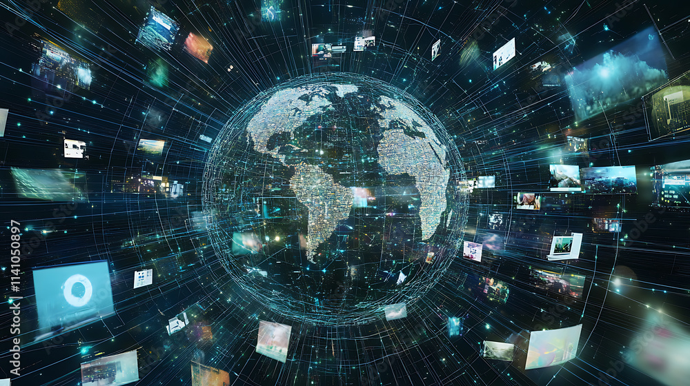 Poster Abstract digital globe with global network connections and images of social media and video streaming on the earth, representing online communication in technology concept