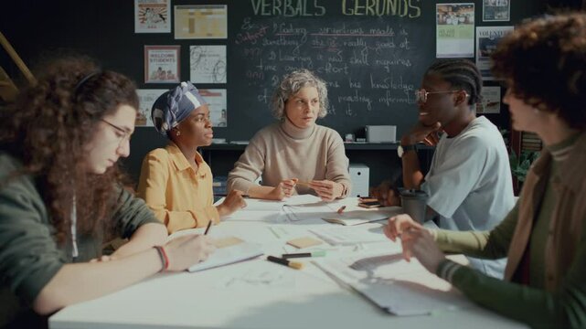 Female teacher and group of young international students sitting around table in classroom, discussing topics and taking notes in notebooks during English lesson