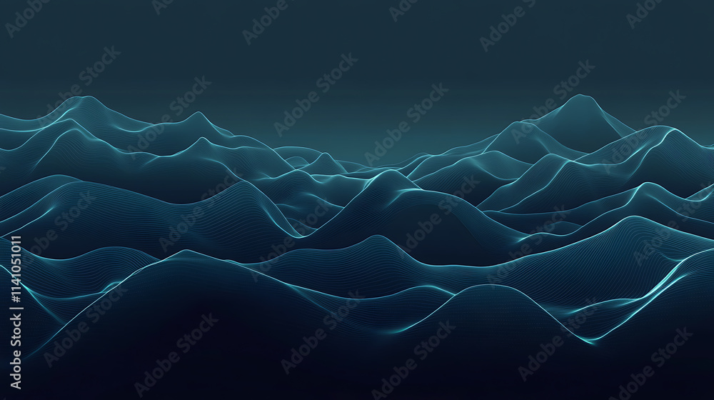 Poster abstract digital landscape with glowing lines and dots on a dark blue background, signifying a data 