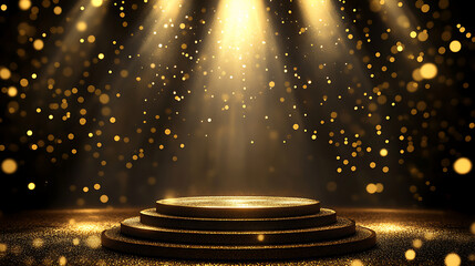 Black podium product stage with spotlight and golden glitter background, gold lights rays scene background, gold bokeh awards glamour background, black friday sale