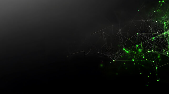 Abstract digital network background banner with glowing light and connecting data dots in black and green colors, big data technology concept