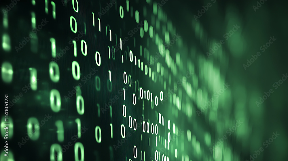Poster Abstract digital waves with binary code on a dark green background, symbolizing data flow