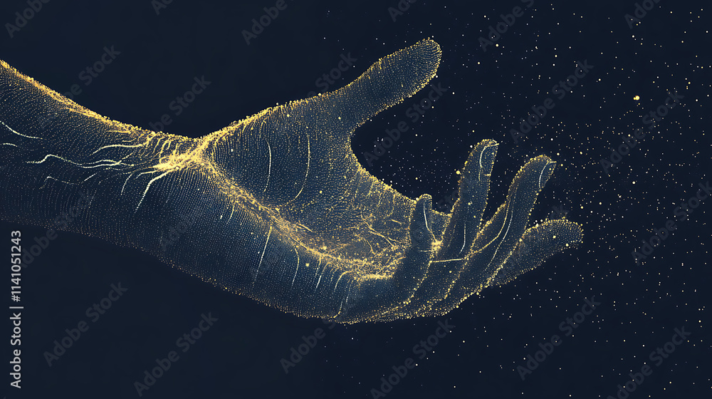 Poster Digital purple particles wave and light abstract background with shining dots stars