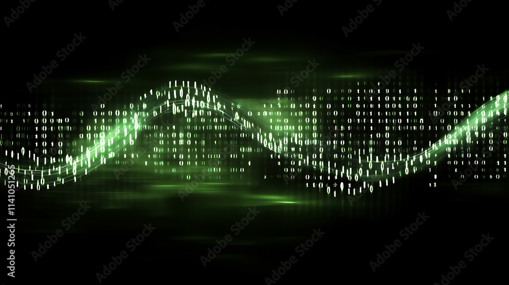 Poster abstract digital waves with binary code on a dark green background, symbolizing data flow