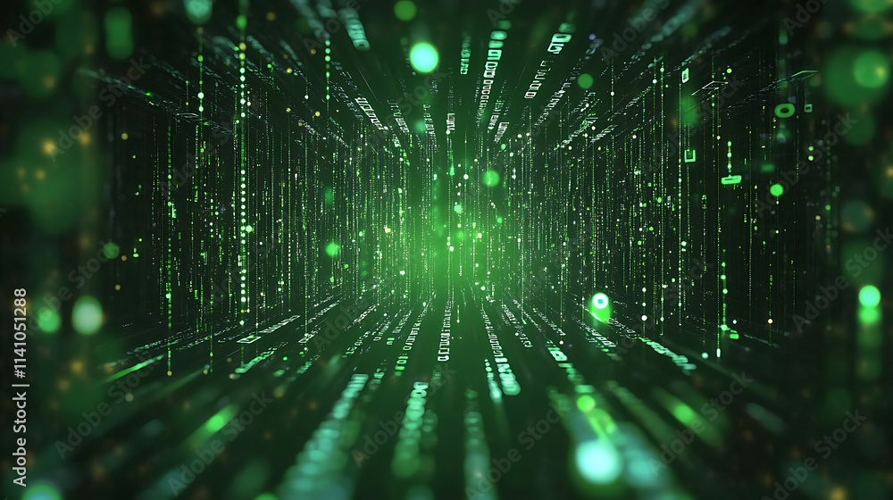 Poster abstract digital waves with binary code on a dark green background, symbolizing data flow