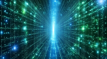 Abstract digital network background banner with glowing light and connecting data dots in black and green colors, big data technology concept