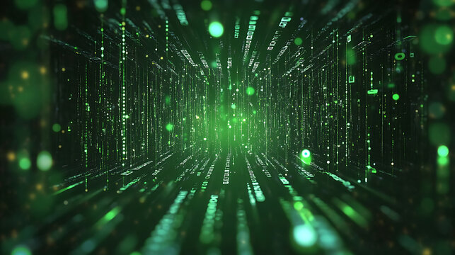 Abstract digital waves with binary code on a dark green background, symbolizing data flow