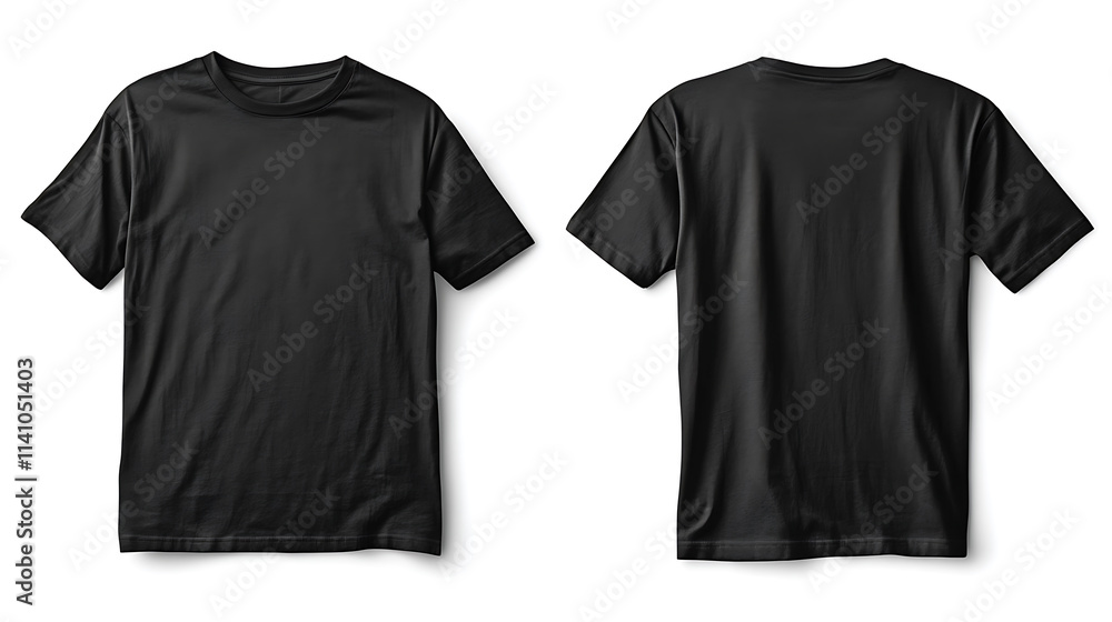 Poster blank black tshirt front and back isolated on white, mock up template for design and print