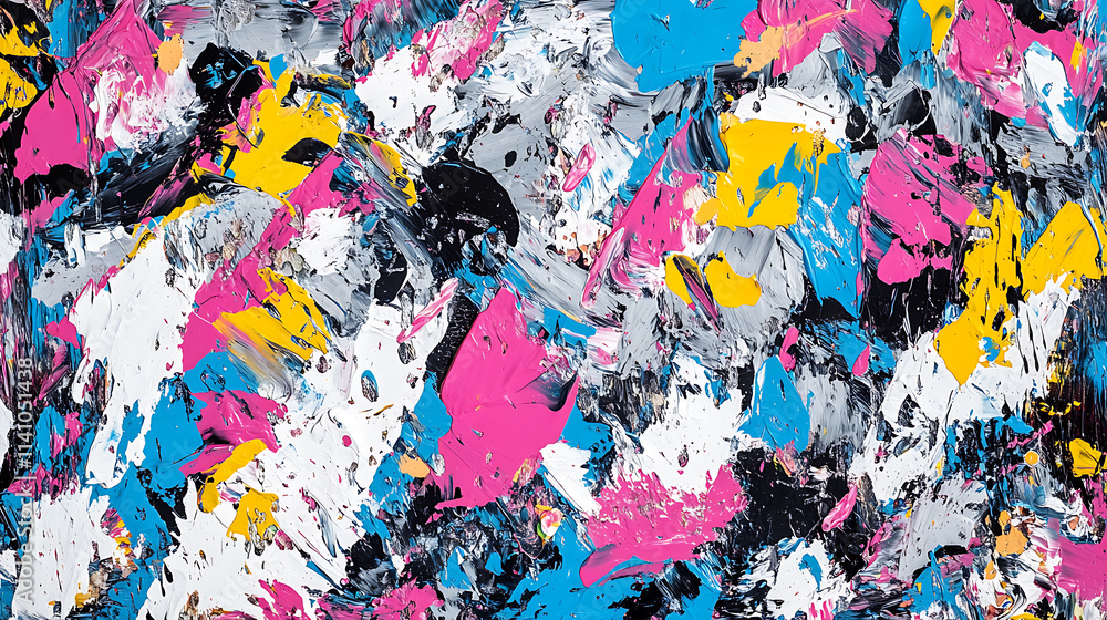 Poster Abstract expressionist art with pink, blue, yellow, white and gray brushstrokes creating a dynamic and colorful composition