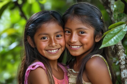 Two girls from the Peruvian jungle pose smiling for the camera. July 03  2015 Chanchamayo. Peru.