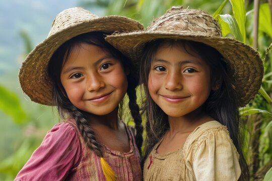 Two girls from the Peruvian jungle pose smiling for the camera. July 03  2015 Chanchamayo. Peru.