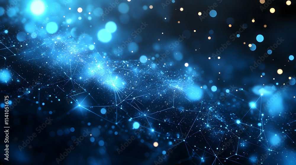 Poster abstract blue network connection with glowing particles and bokeh lights.