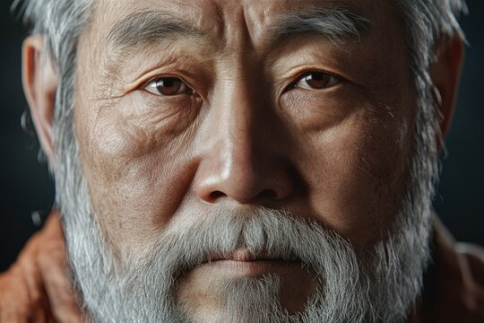 A portrait of the old mongoloid man with grey beard.