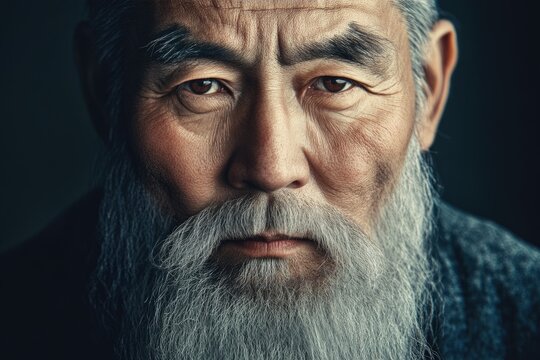 A portrait of the old mongoloid man with grey beard.