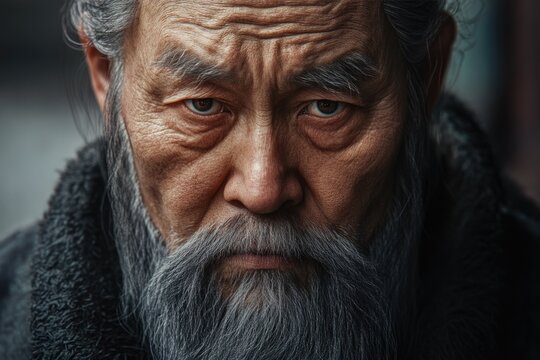 A portrait of the old mongoloid man with grey beard.