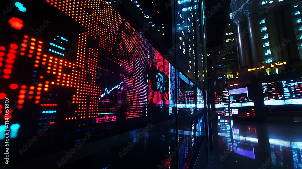 Poster dynamic digital display of stock market trends: comprehensive led panel showcasing daily financial d