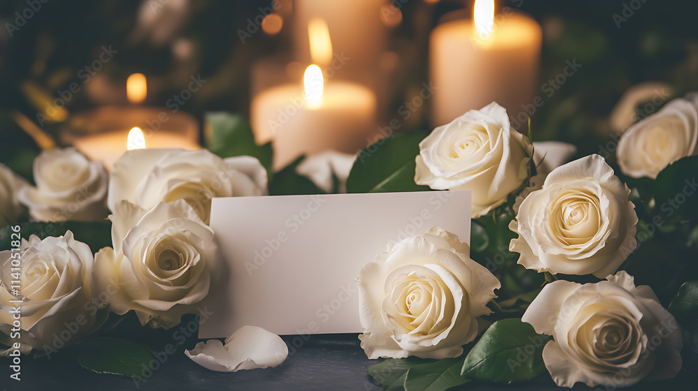 Aufkleber blank condolence card surrounded by white roses and soft candlelight, creating a peaceful funeral ba