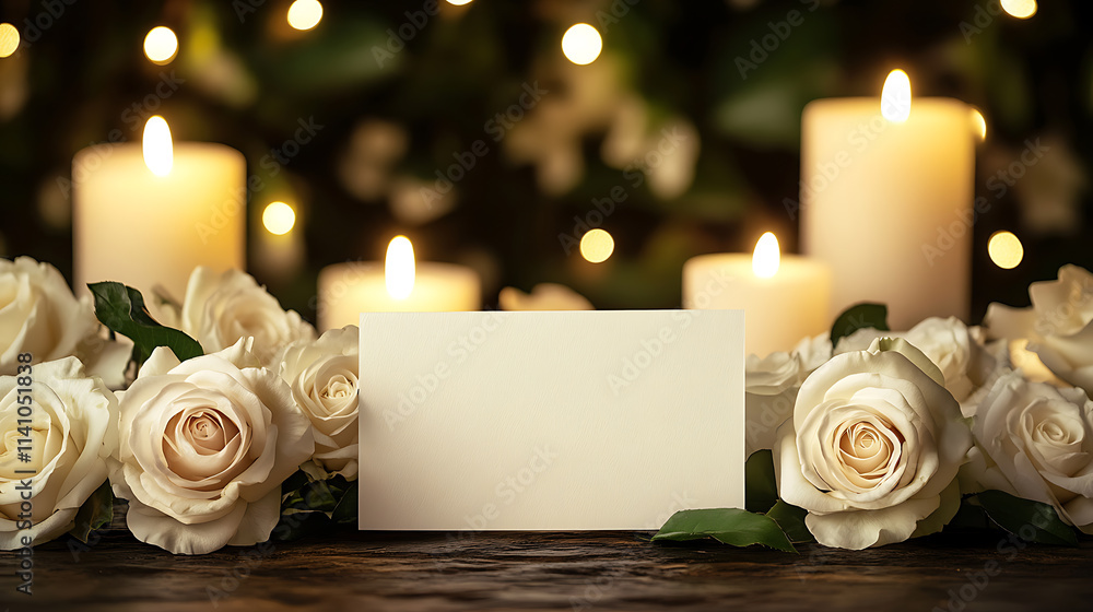 Aufkleber blank condolence card surrounded by white roses and soft candlelight, creating a peaceful funeral ba