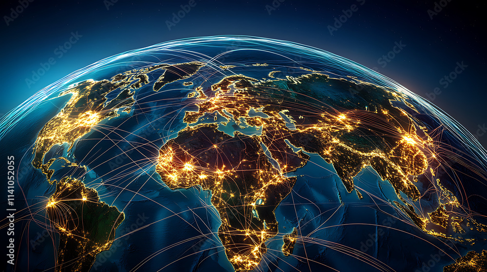 Poster earth with illuminated continents, interconnected network lines, on a dark background, concept of gl