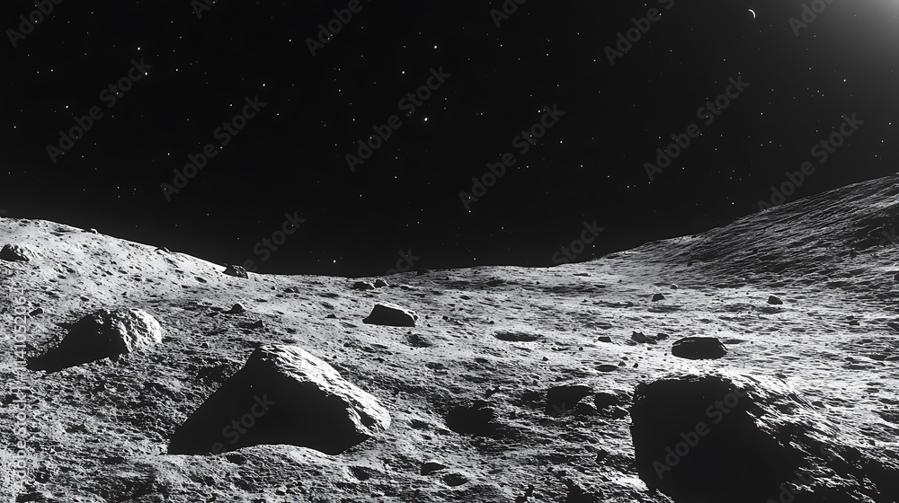 Poster earths distant view from the rocky surface of the moon in space