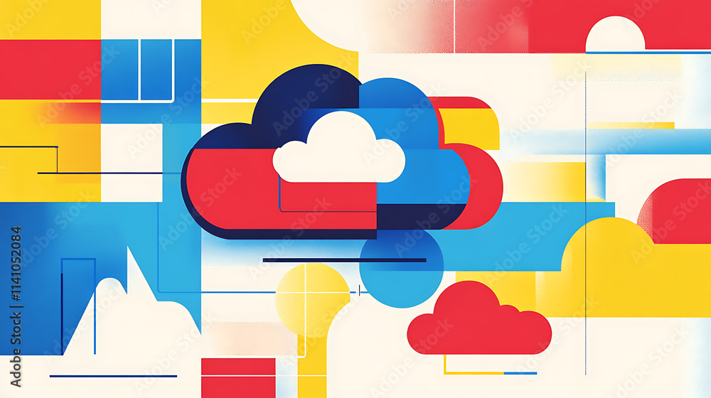 Poster abstract illustration of cloud security services, stylized cloud icon integrated with a secure