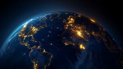 Fototapeta premium Earth with illuminated continents, interconnected network lines, on a dark background, concept of global digital connectivity and future internet