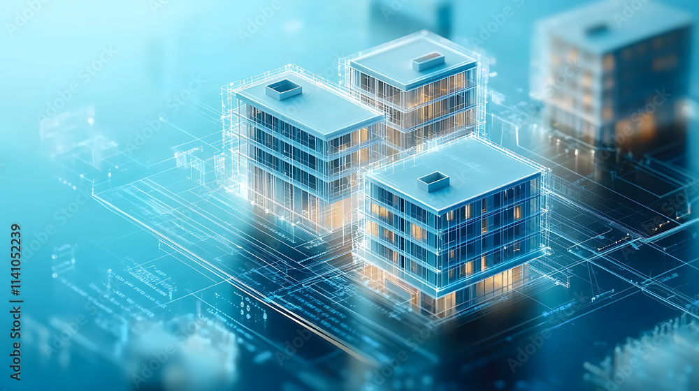 Poster abstract image of buildings overlaid with financial data graphs, symbolizing real estate market anal