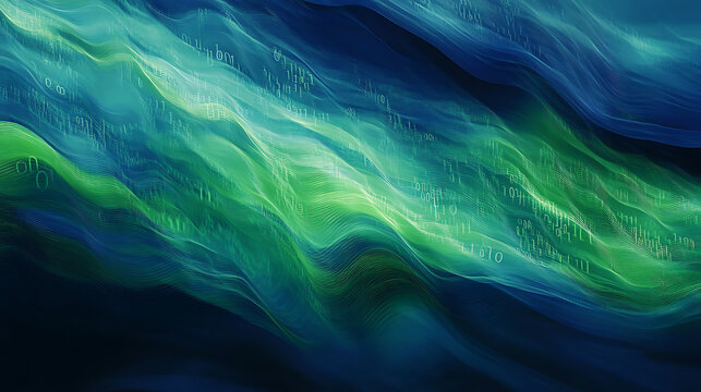 Abstract image featuring blue and green tones, it is a digital binary code wave background