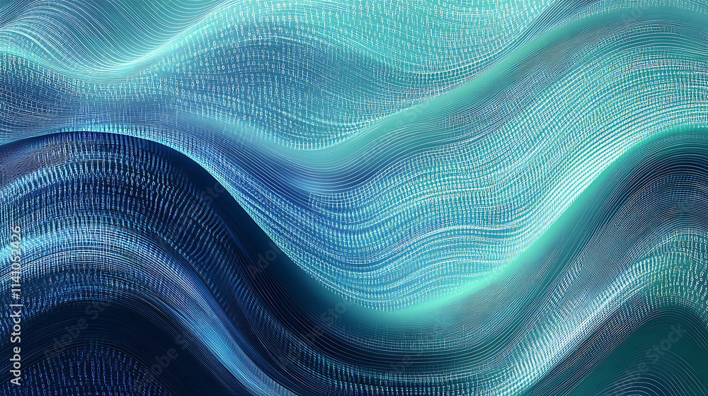 Poster Abstract image featuring blue and green tones, it is a digital binary code wave background