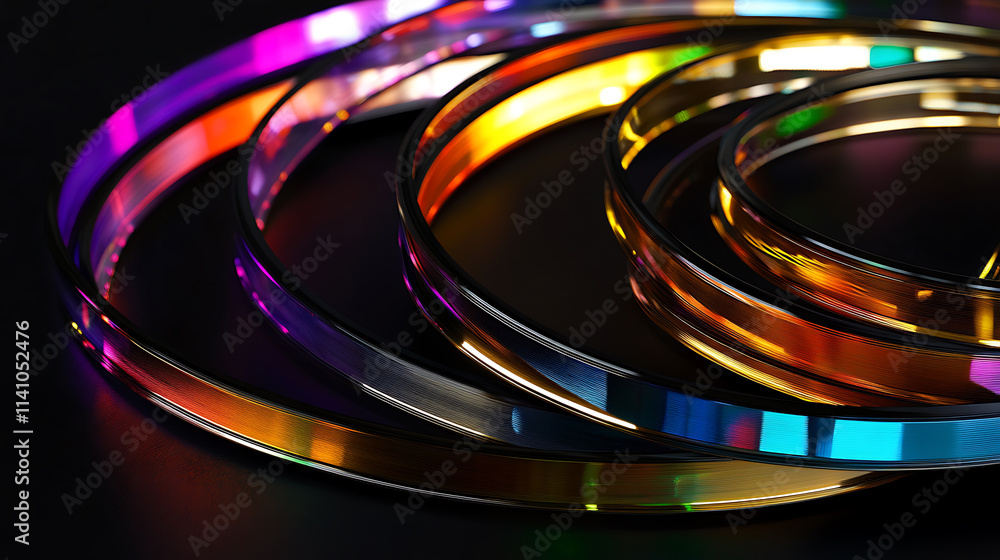 Leinwandbilder abstract iridescent holographic metal curved lines on black background, modern 3d rendering illustra