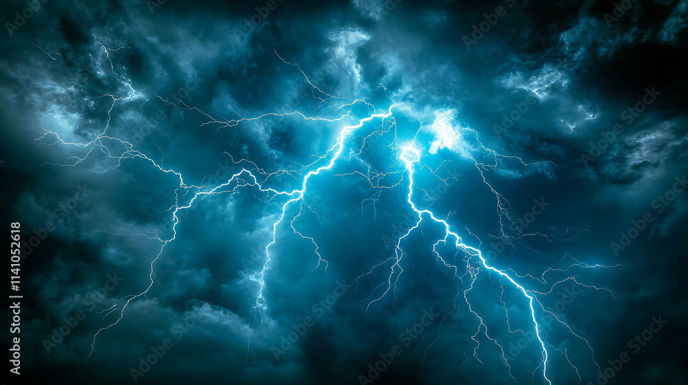 Poster electric thunder lightning bolts branching out in multiple directions against dark background dynami