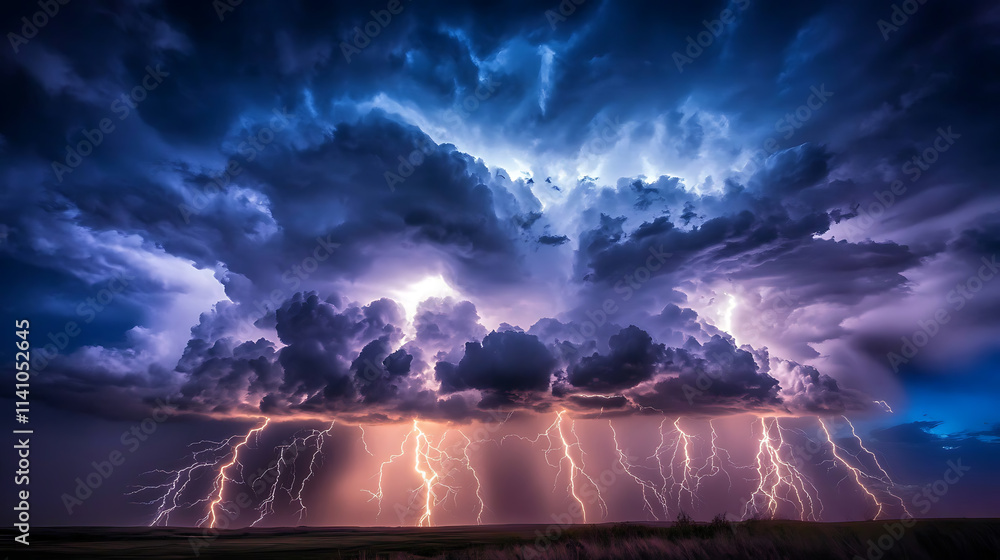 Poster Electric thunder lightning bolts branching out in multiple directions against dark background dynamic natural electrical storm