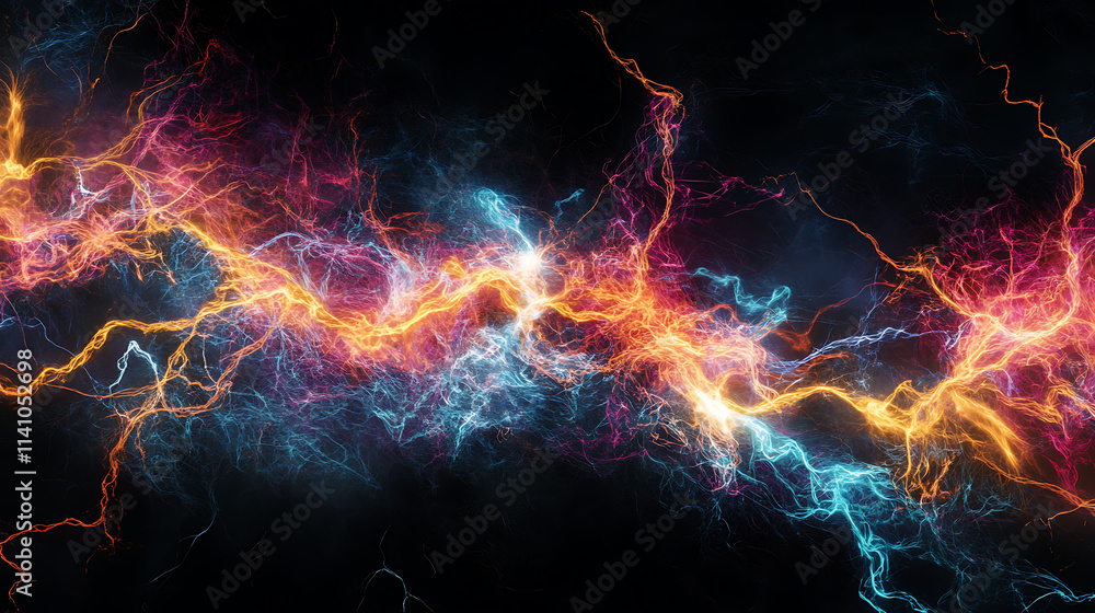 Poster electric thunder lightning bolts branching out in multiple directions against dark background dynami