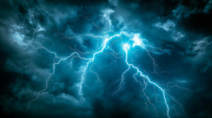 Electric thunder lightning bolts branching out in multiple directions against dark background dynamic natural electrical storm